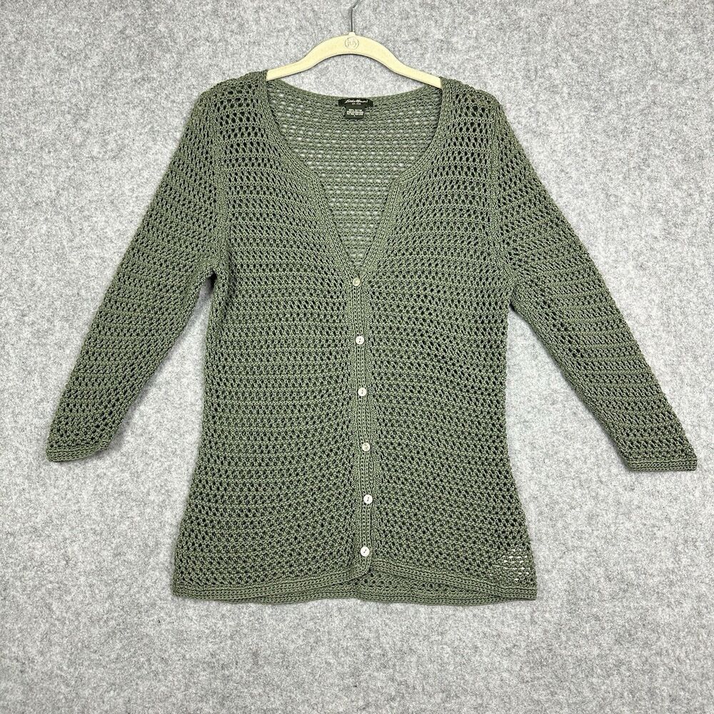 VTG Eddie Bauer Loose Knit Cardigan Woman L Green Button Front Cotton Y2K Preppy